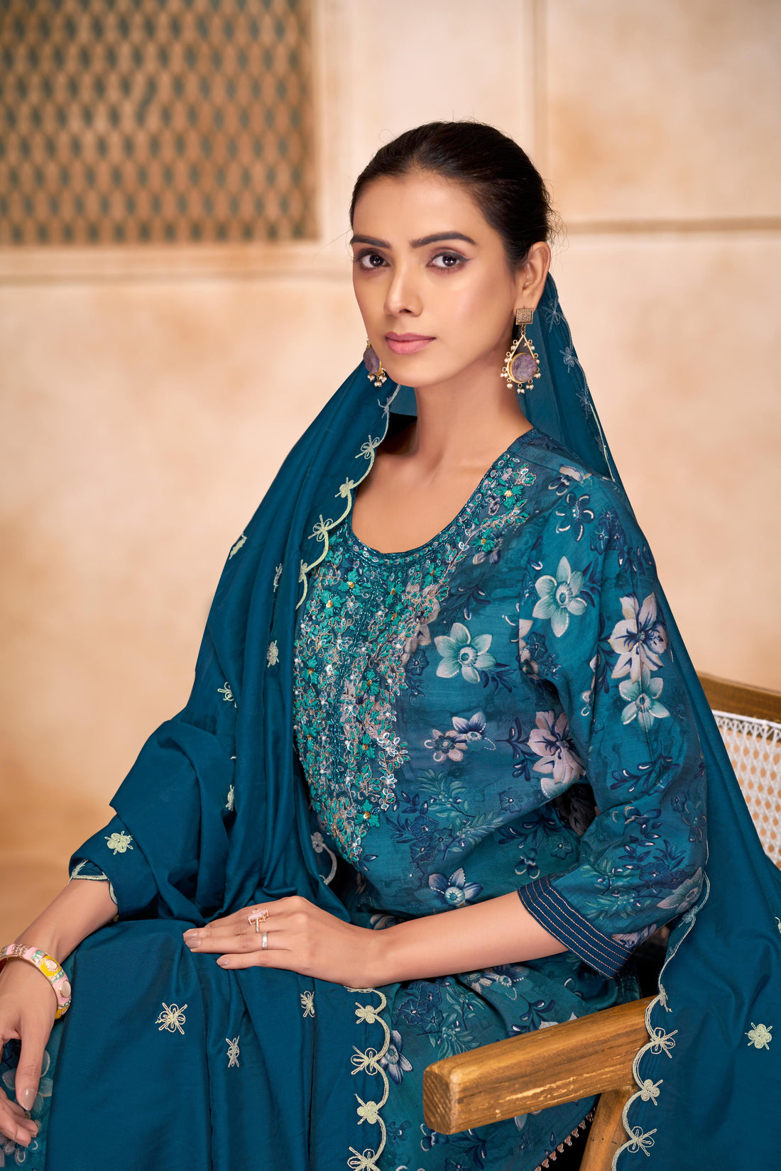 Shehnaaz Blue Floral Hand Embellished Suit Set with Beads, Glass Bugle, Pearl & Sequins Patti Work in Chanderi Silk with Pure Cotton Mul Lining