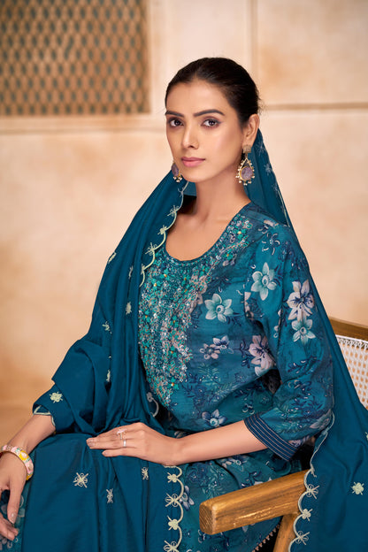 Shehnaaz Blue Floral Hand Embellished Suit Set with Beads, Glass Bugle, Pearl & Sequins Patti Work in Chanderi Silk with Pure Cotton Mul Lining