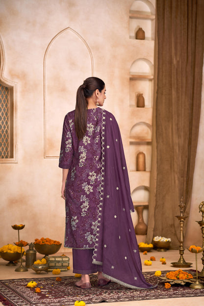 Shehnaaz Purple Floral Hand Embellished Suit Set with Beads, Glass Bugle, Pearl & Sequins Patti Work in Chanderi Silk with Pure Cotton Mul Lining