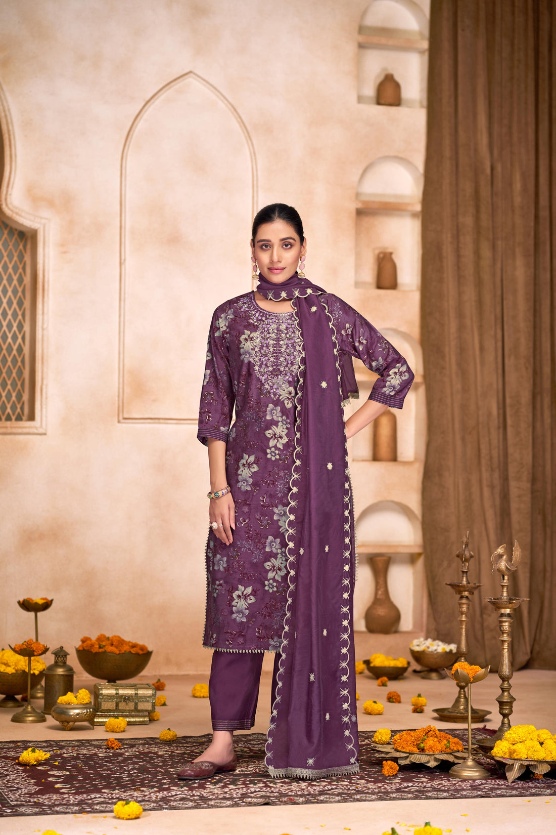 Shehnaaz Purple Floral Hand Embellished Suit Set with Beads, Glass Bugle, Pearl & Sequins Patti Work in Chanderi Silk with Pure Cotton Mul Lining