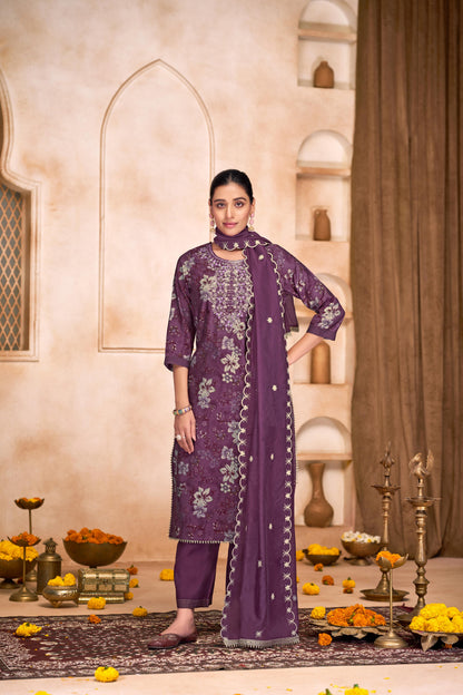 Shehnaaz Purple Floral Hand Embellished Suit Set with Beads, Glass Bugle, Pearl & Sequins Patti Work in Chanderi Silk with Pure Cotton Mul Lining