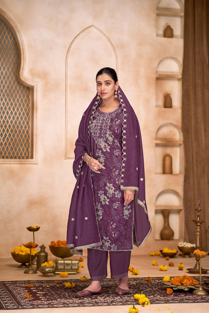 Shehnaaz Purple Floral Hand Embellished Suit Set with Beads, Glass Bugle, Pearl & Sequins Patti Work in Chanderi Silk with Pure Cotton Mul Lining