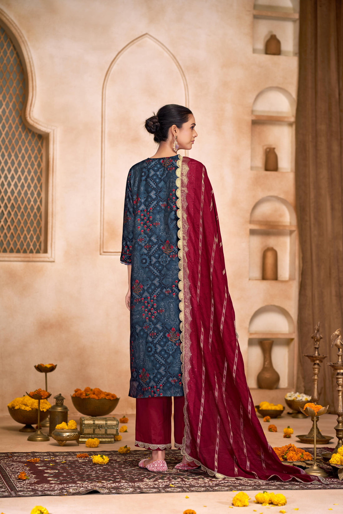 Shehnaaz Navy Hand Embroidered and Sequins Embellished Suit Set with Lace Border Detail in Chanderi Silk with Pure Cotton Mul Lining