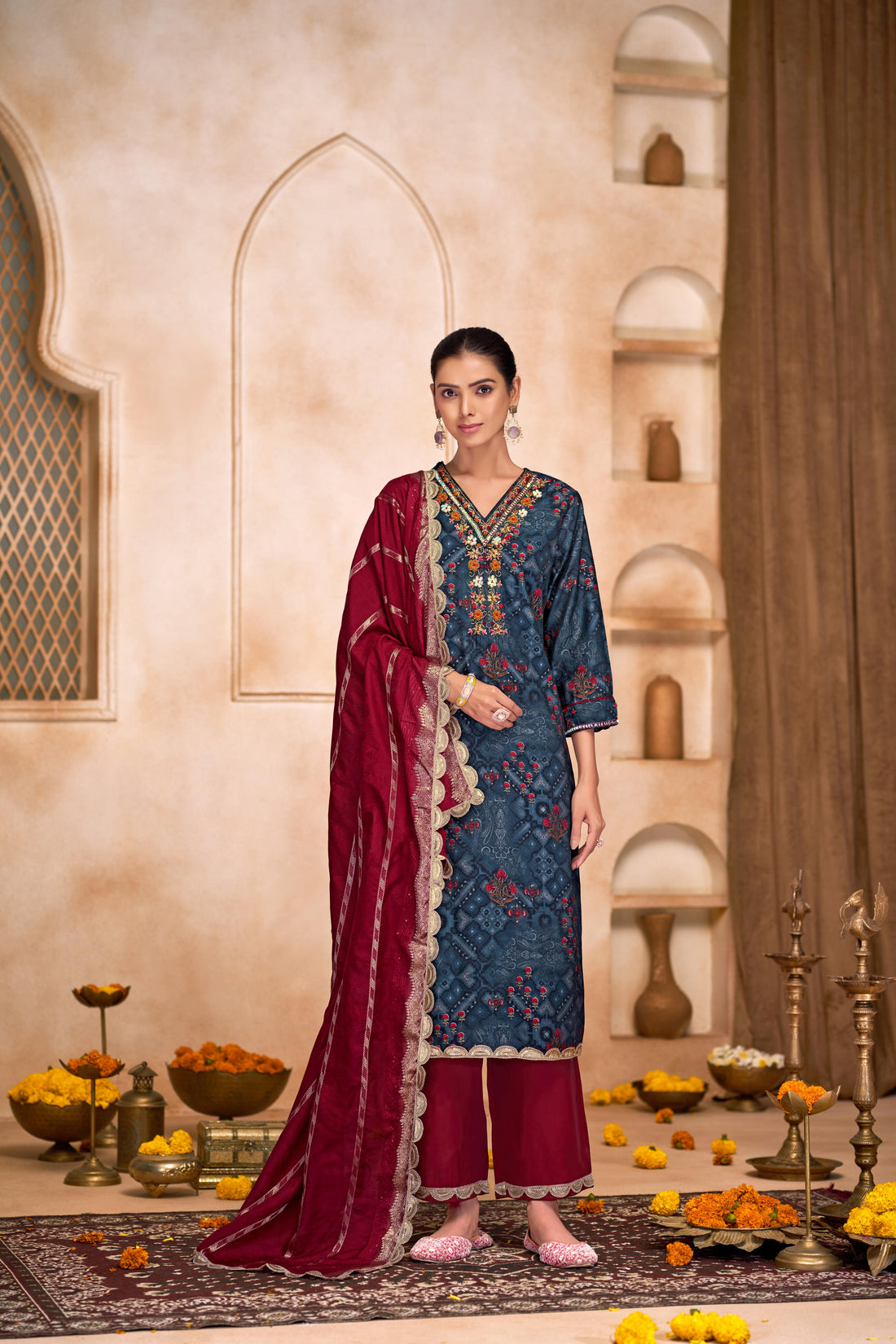 Shehnaaz Navy Hand Embroidered and Sequins Embellished Suit Set with Lace Border Detail in Chanderi Silk with Pure Cotton Mul Lining