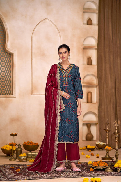 Shehnaaz Navy Hand Embroidered and Sequins Embellished Suit Set with Lace Border Detail in Chanderi Silk with Pure Cotton Mul Lining