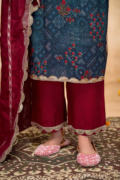 Shehnaaz Navy Hand Embroidered and Sequins Embellished Suit Set with Lace Border Detail in Chanderi Silk with Pure Cotton Mul Lining