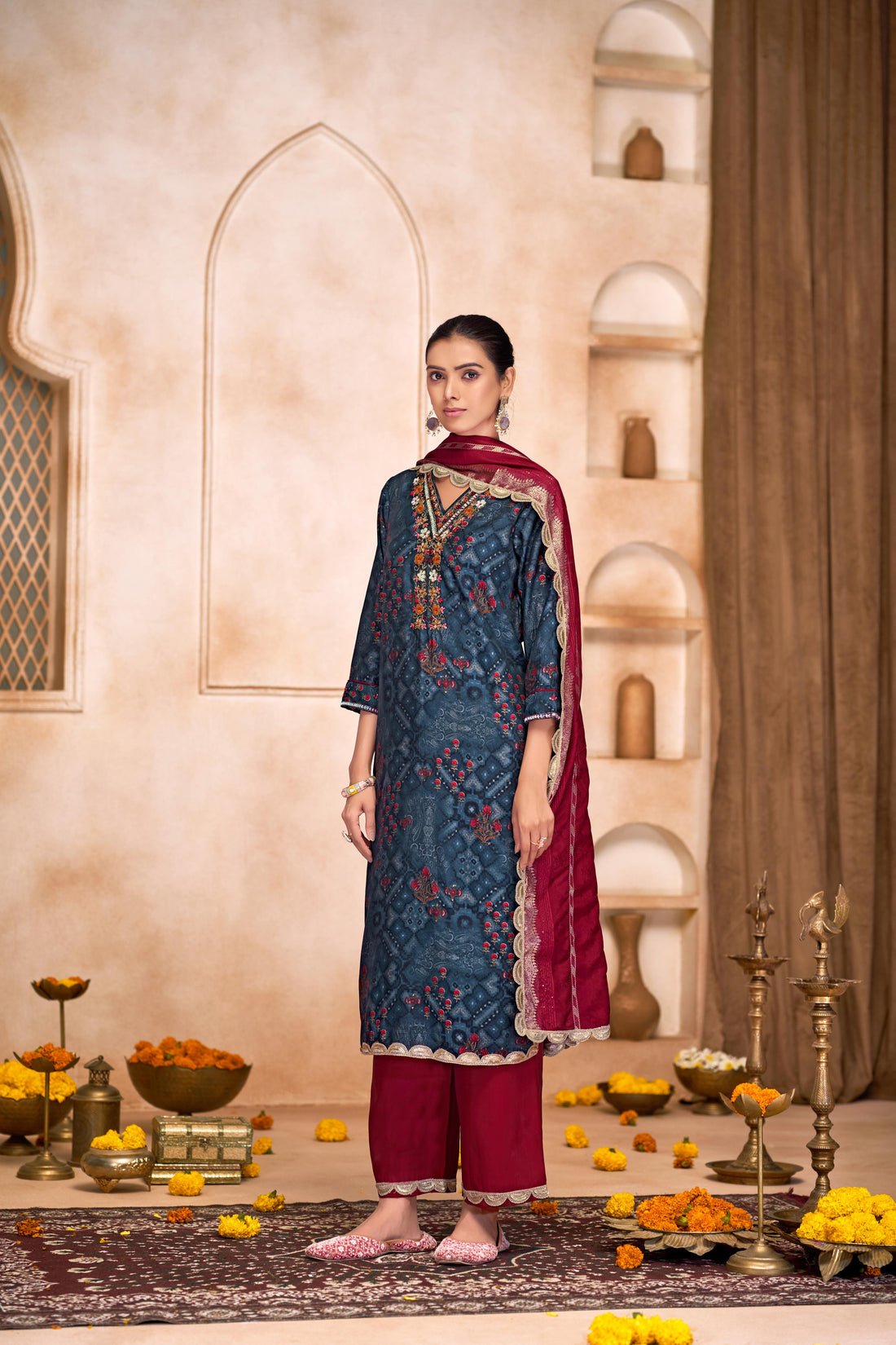 Shehnaaz Navy Hand Embroidered and Sequins Embellished Suit Set with Lace Border Detail in Chanderi Silk with Pure Cotton Mul Lining