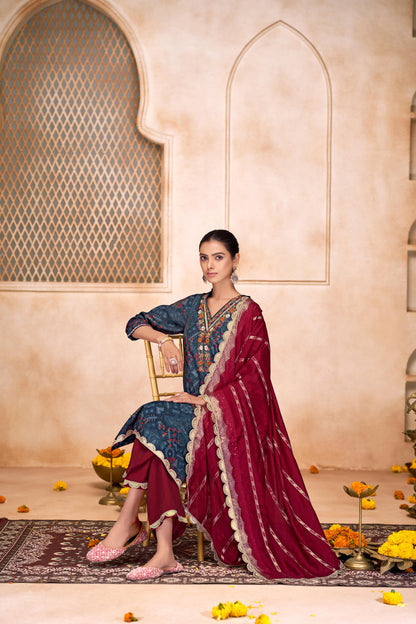 Shehnaaz Navy Hand Embroidered and Sequins Embellished Suit Set with Lace Border Detail in Chanderi Silk with Pure Cotton Mul Lining