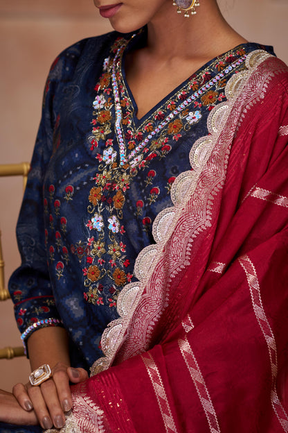 Shehnaaz Navy Hand Embroidered and Sequins Embellished Suit Set with Lace Border Detail in Chanderi Silk with Pure Cotton Mul Lining