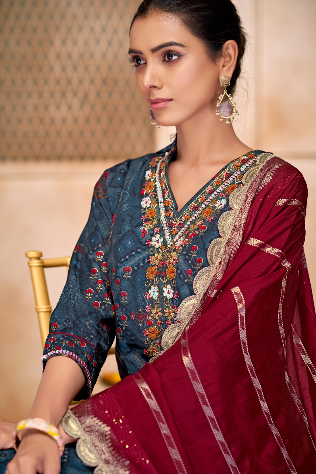 Shehnaaz Navy Hand Embroidered and Sequins Embellished Suit Set with Lace Border Detail in Chanderi Silk with Pure Cotton Mul Lining
