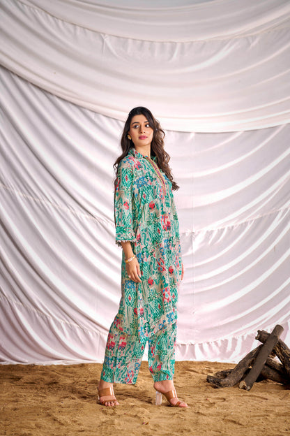 BulBul Women Aqua Green Abstract Printed Co-ord Set - BulBul