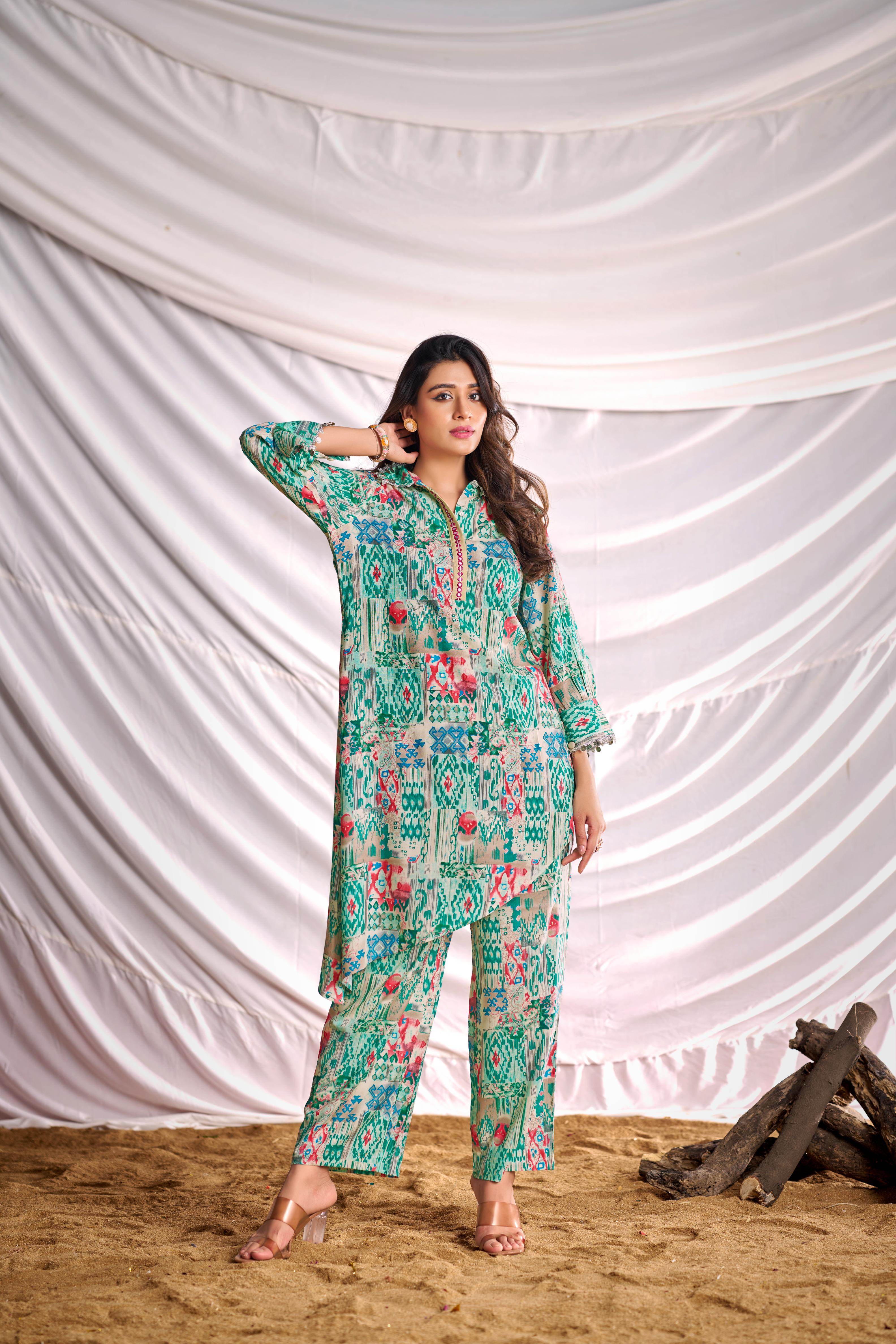 BulBul Women Aqua Green Abstract Printed Co-ord Set