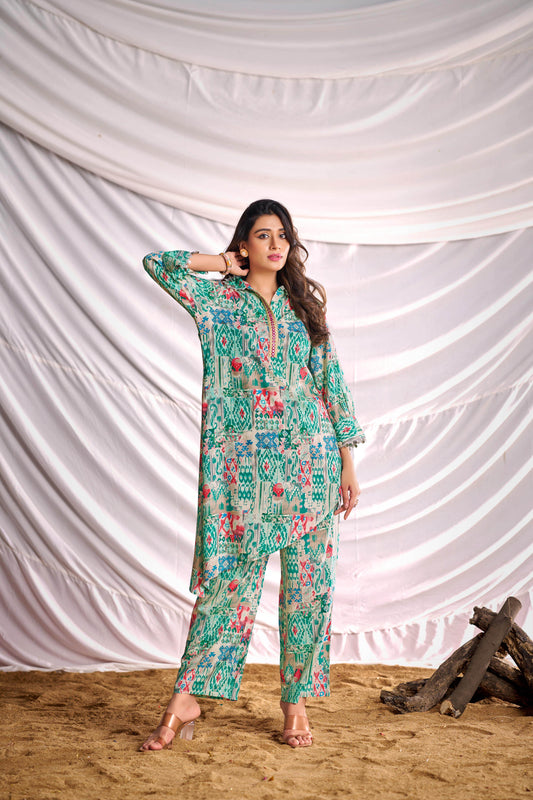 BulBul Women Aqua Green Abstract Printed Co-ord Set - BulBul