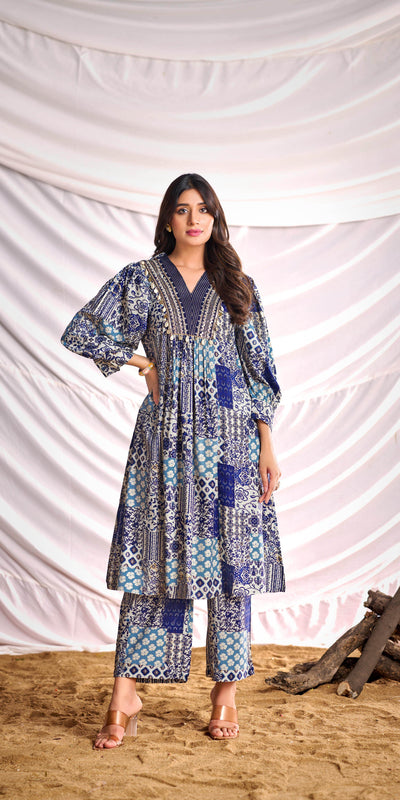 BulBul Women Blue and Cream Mixed Pattern Digital Printed Co-ord Set