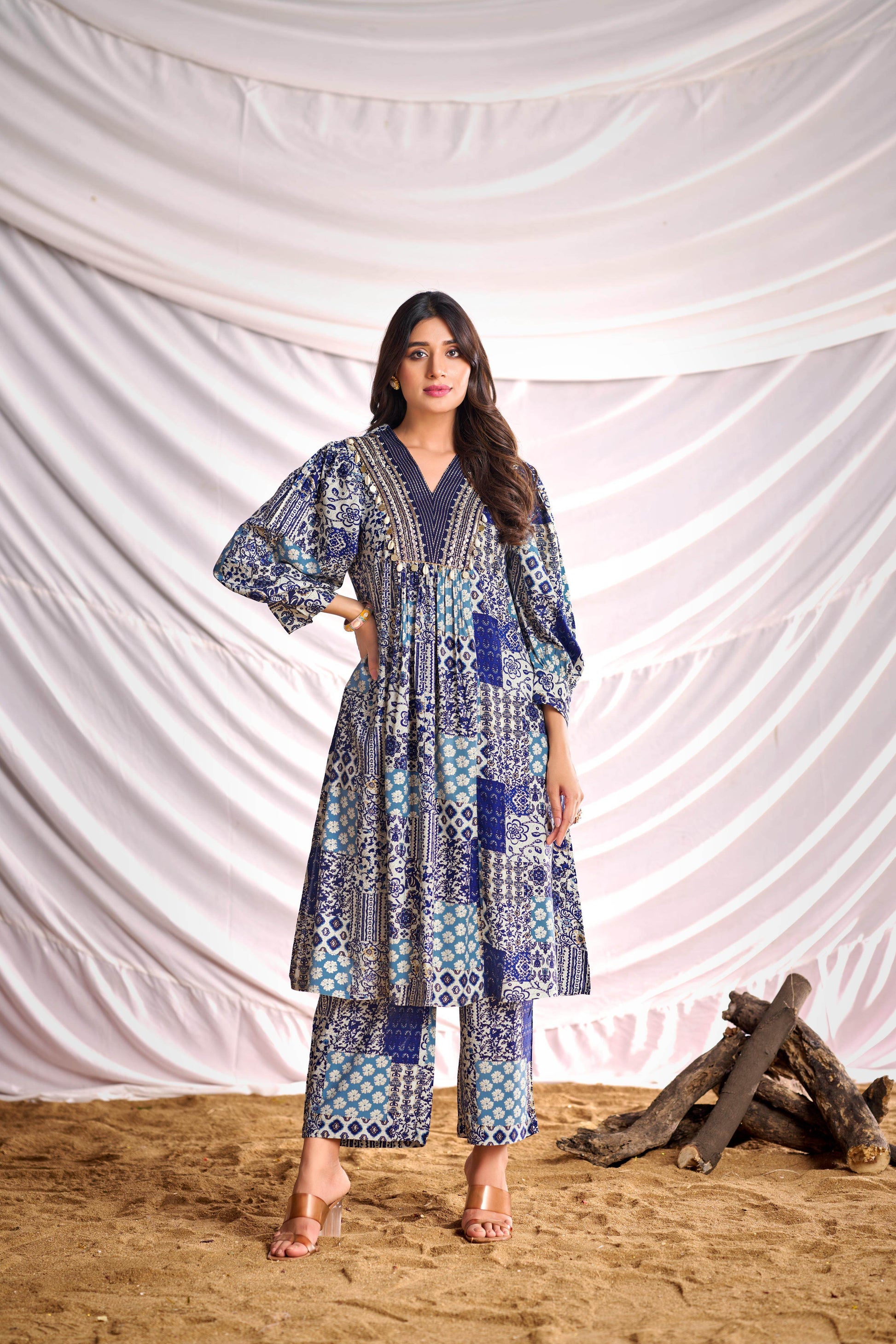 BulBul Women Blue and Cream Mixed Pattern Digital Printed Co-ord Set - BulBul