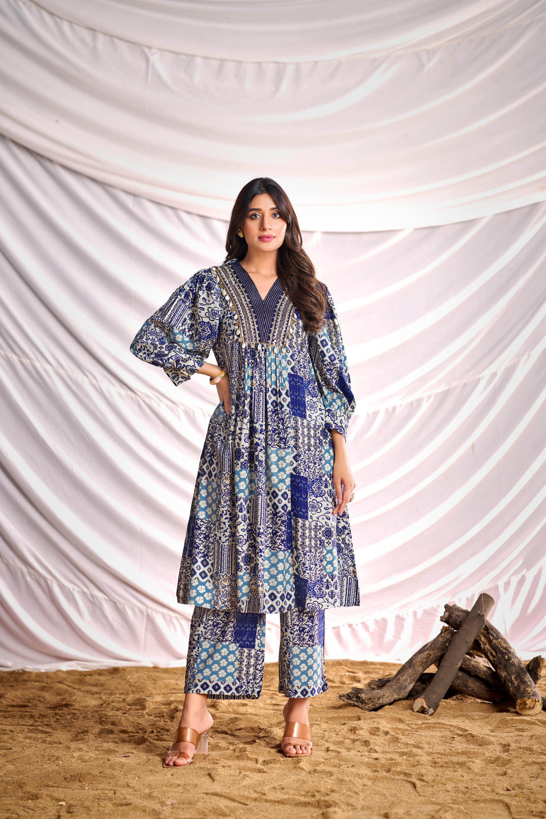 BulBul Women Blue and Cream Mixed Pattern Digital Printed Co-ord Set - BulBul