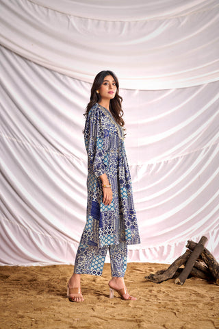 BulBul Women Blue and Cream Mixed Pattern Digital Printed Co-ord Set - BulBul