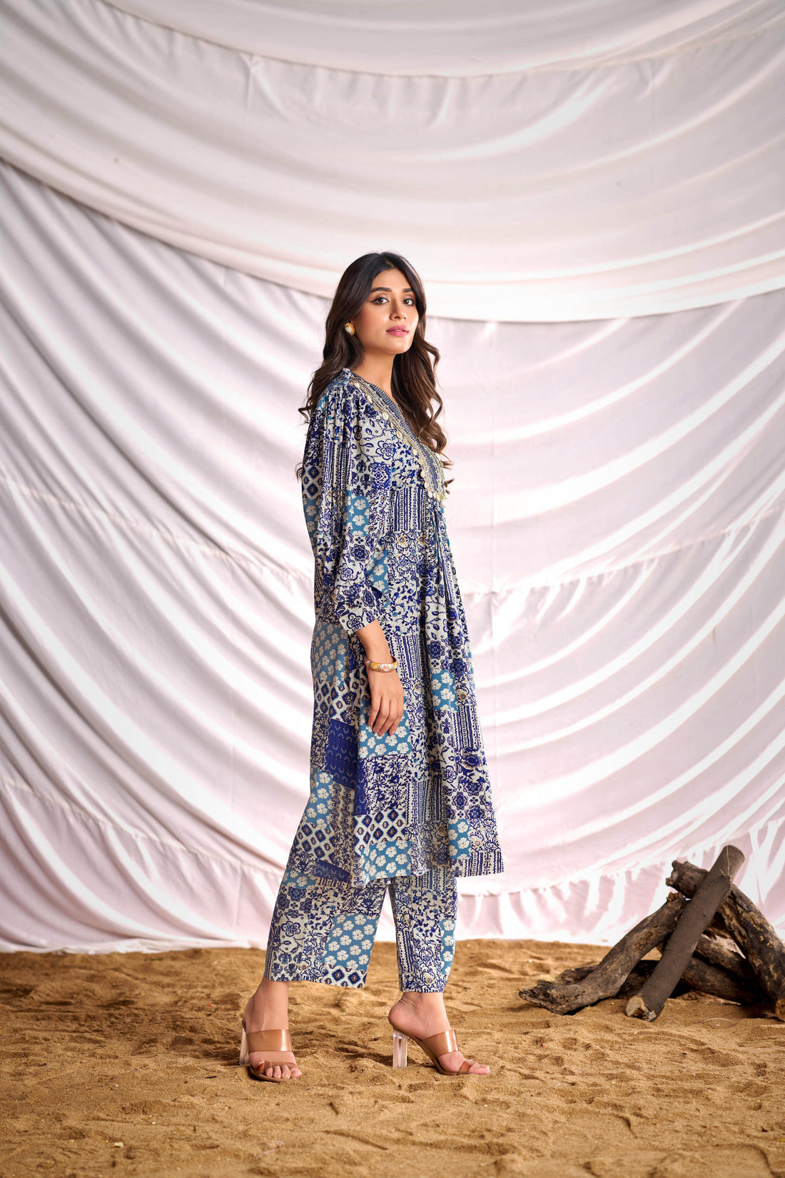 BulBul Women Blue and Cream Mixed Pattern Digital Printed Co-ord Set - BulBul