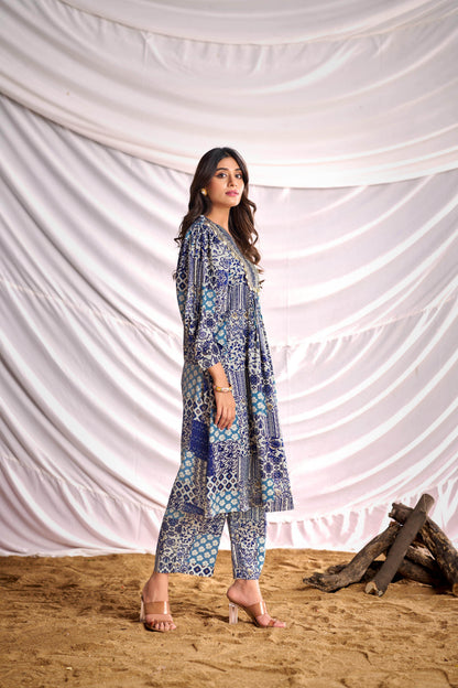 BulBul Women Blue and Cream Mixed Pattern Digital Printed Co-ord Set - BulBul