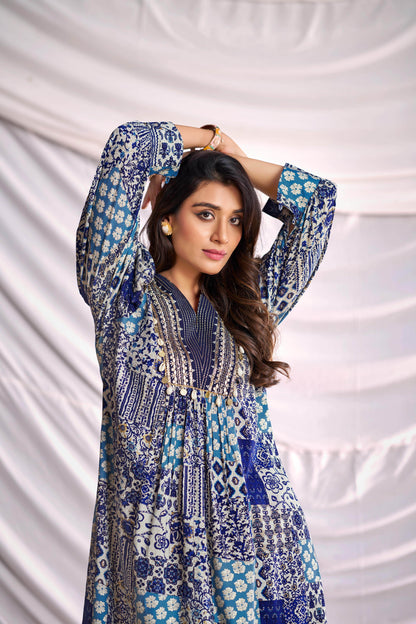 BulBul Women Blue and Cream Mixed Pattern Digital Printed Co-ord Set - BulBul