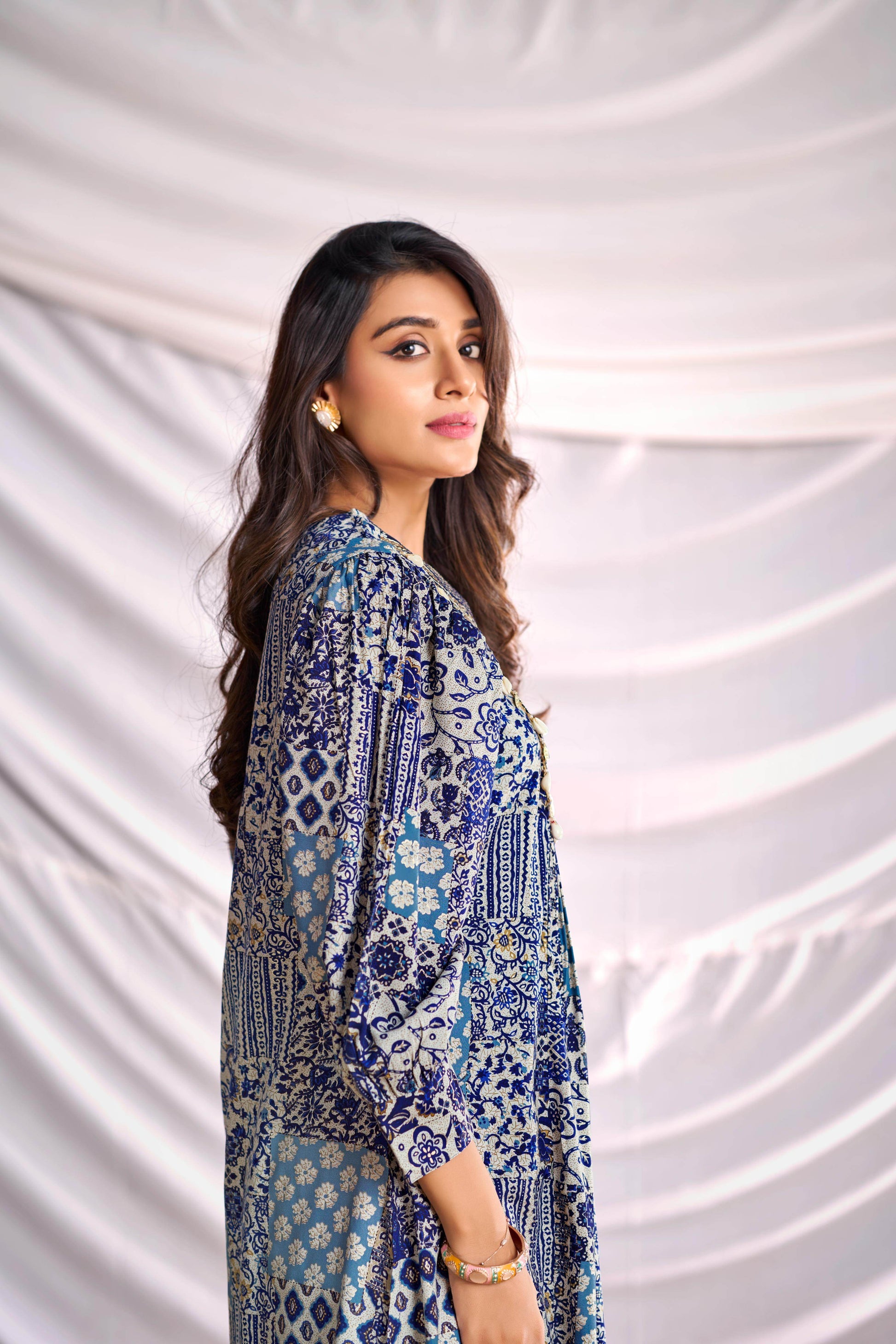 BulBul Women Blue and Cream Mixed Pattern Digital Printed Co-ord Set - BulBul