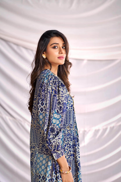 BulBul Women Blue and Cream Mixed Pattern Digital Printed Co-ord Set - BulBul