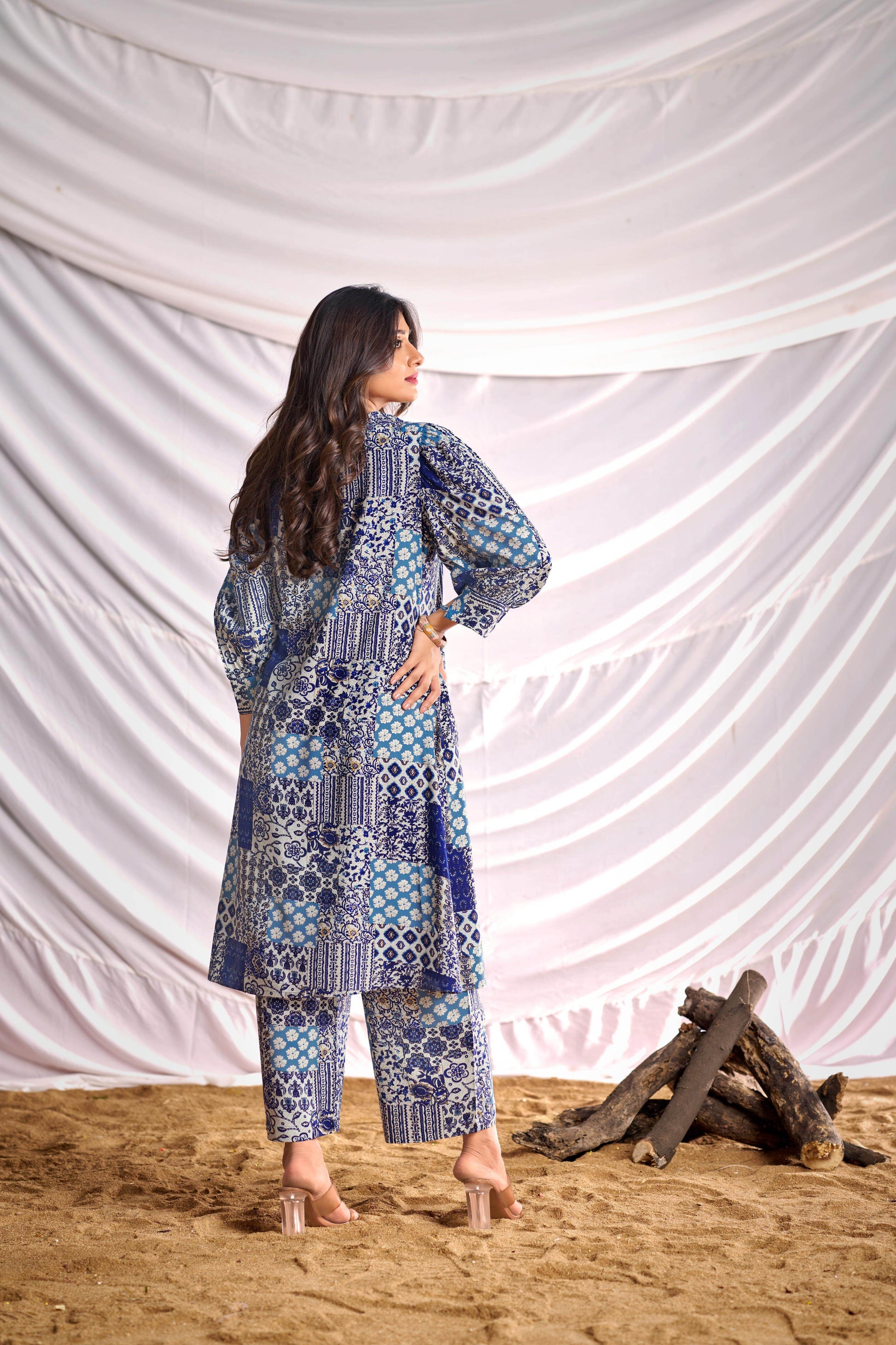 BulBul Women Blue and Cream Mixed Pattern Digital Printed Co-ord Set - BulBul