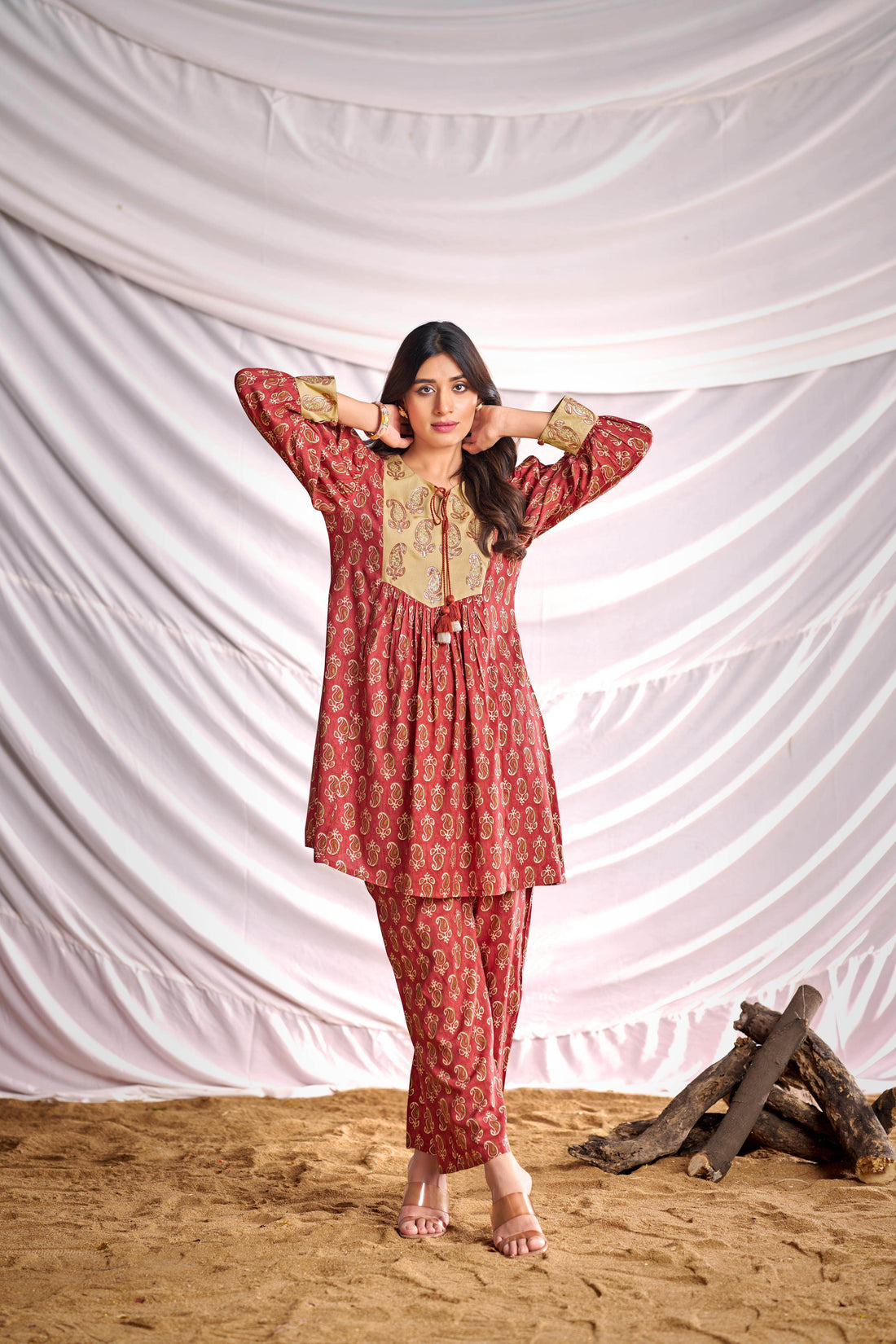 BulBul Women Peach Embroidered Paisley Printed Co-ord Set - BulBul