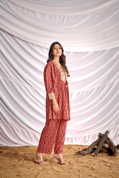 BulBul Women Peach Embroidered Paisley Printed Co-ord Set - BulBul