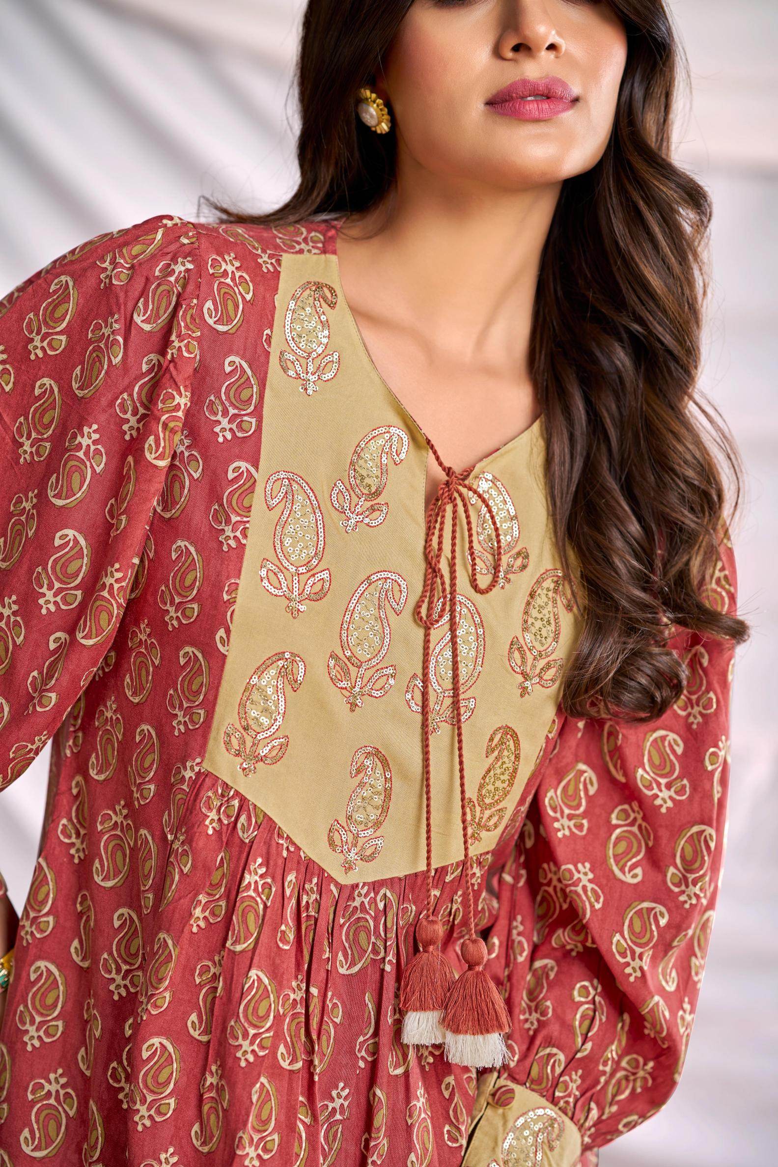 BulBul Women Peach Embroidered Paisley Printed Co-ord Set - BulBul