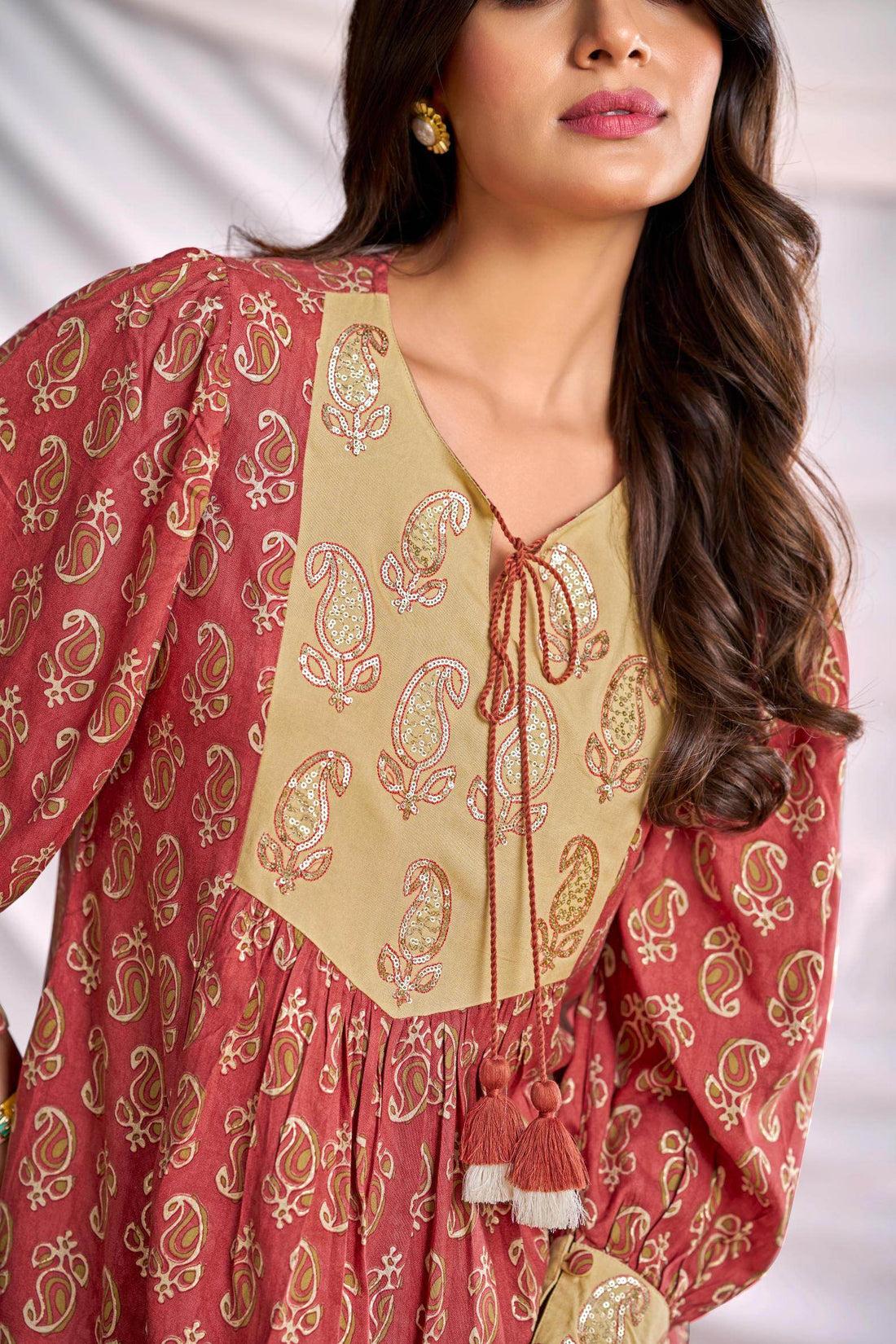 BulBul Women Peach Embroidered Paisley Printed Co-ord Set - BulBul