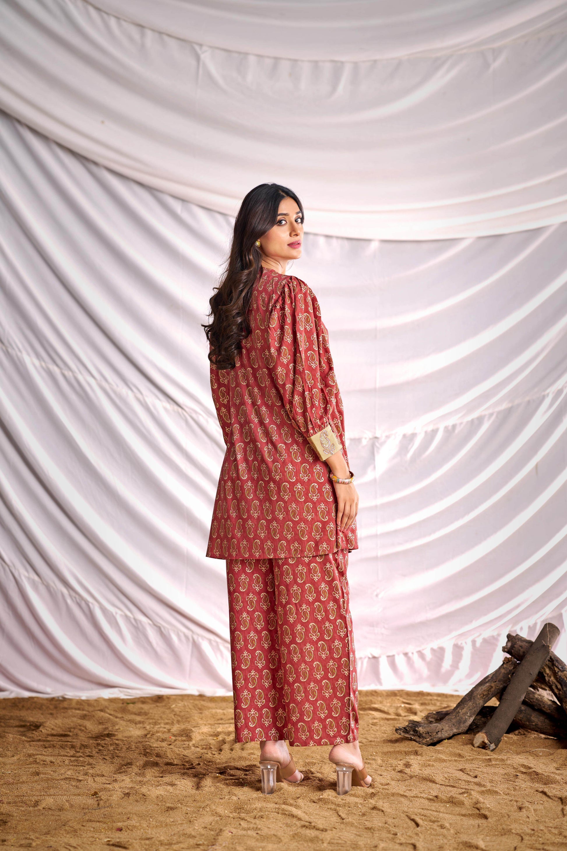 BulBul Women Peach Embroidered Paisley Printed Co-ord Set - BulBul