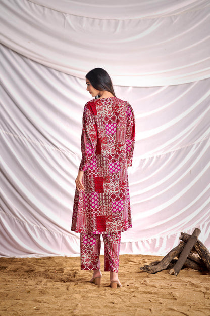BulBul Women Red and Cream Mixed Pattern Digital Printed Co-ord Set - BulBul
