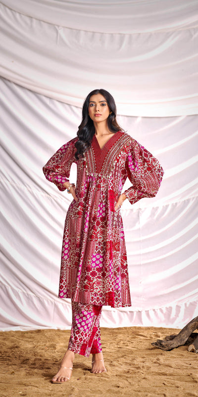 BulBul Women Red and Cream Mixed Pattern Digital Printed Co-ord Set