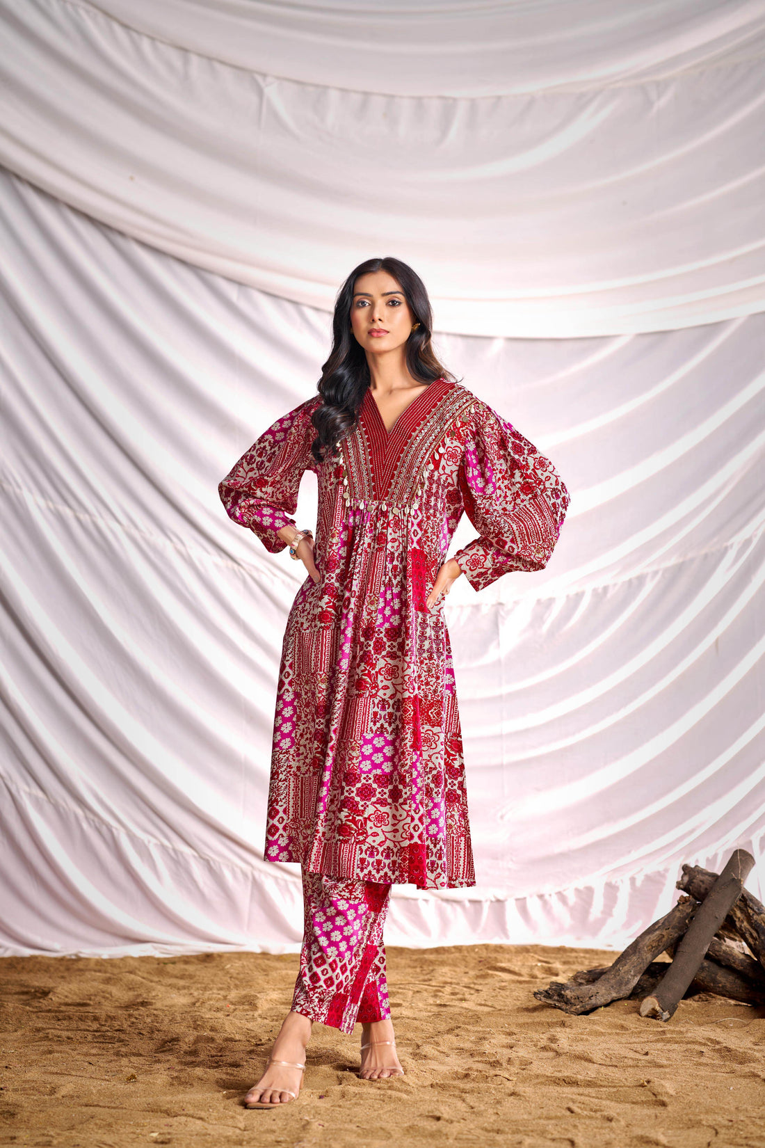 BulBul Women Red and Cream Mixed Pattern Digital Printed Co-ord Set - BulBul