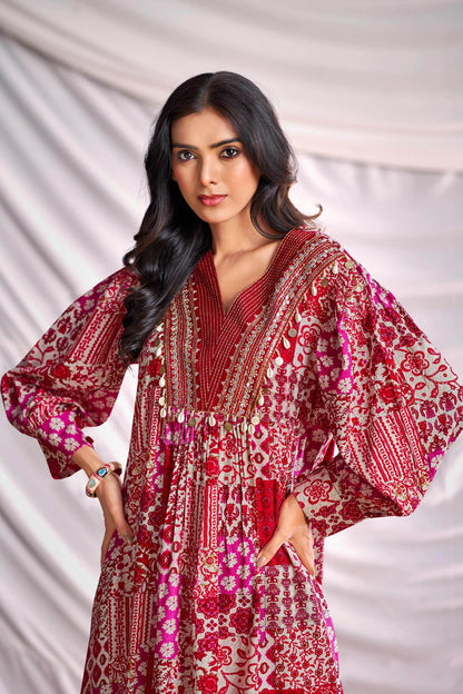 BulBul Women Red and Cream Mixed Pattern Digital Printed Co-ord Set - BulBul