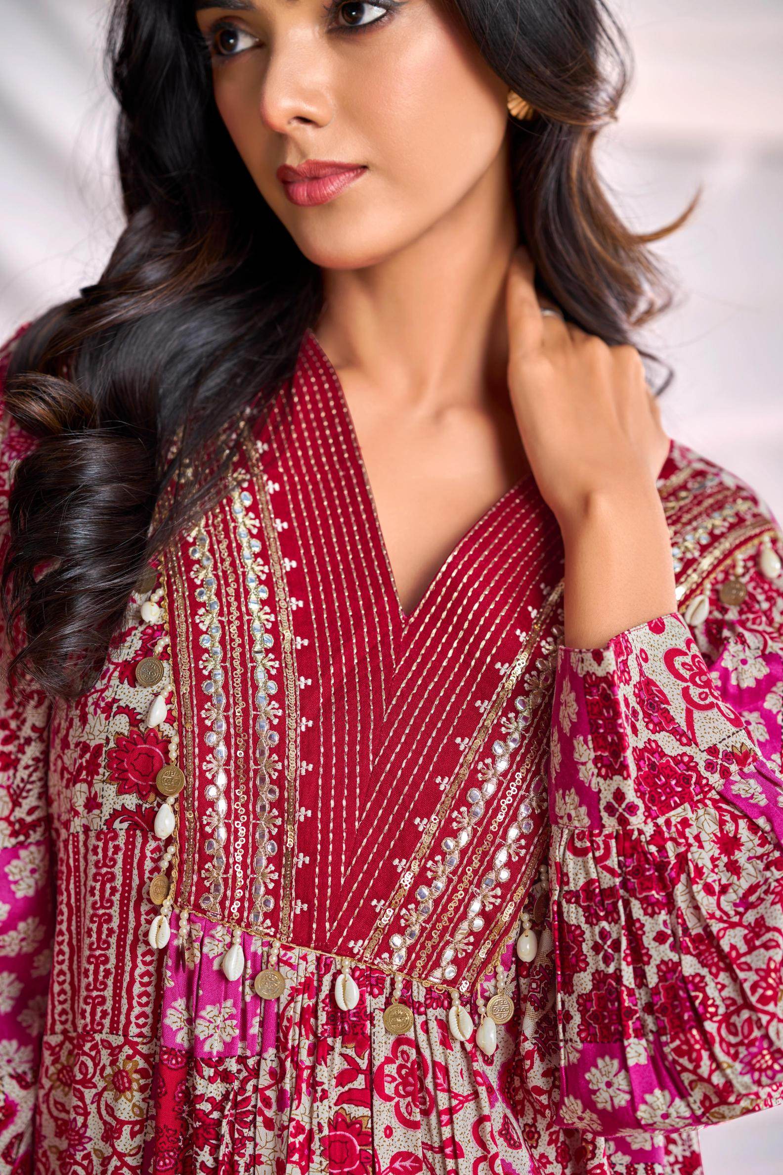 BulBul Women Red and Cream Mixed Pattern Digital Printed Co-ord Set - BulBul