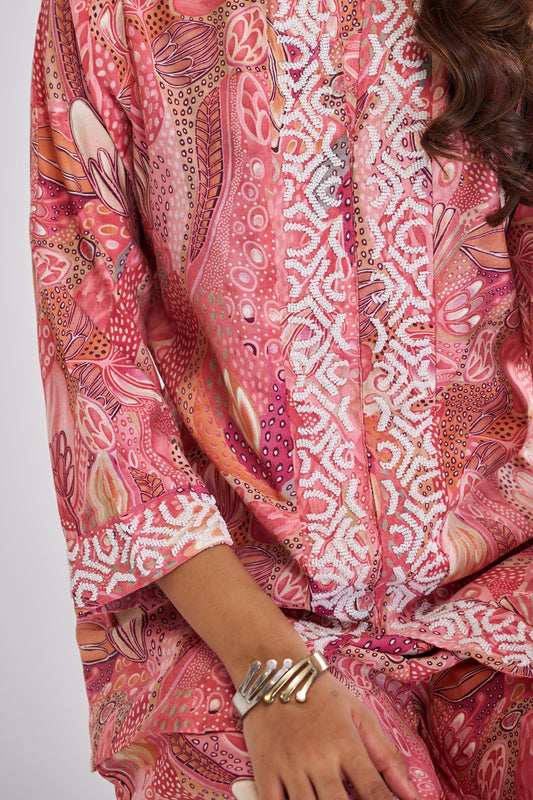 Modal Chanderi Saumya Rust Printed Co-Ord Set with Hand Beaded Placket and Sleeve Detailing