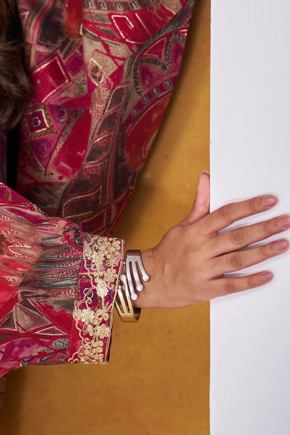 Mehzabin Red Modal Chanderi Co-Ord Set with Zari Embroidered Sequin Cuffs and Statement Bell Sleeves