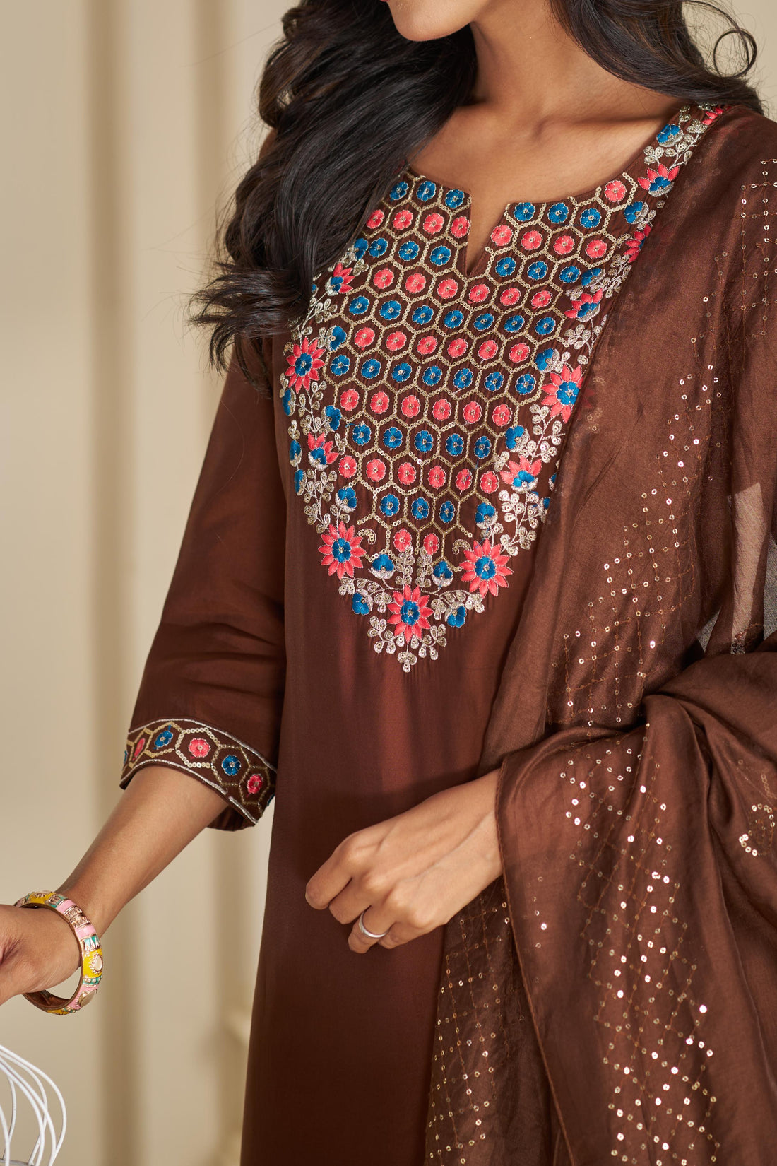 Samira Brown Multi-Color Floral & Jaali Embroidered Yoke Kurta Set with Sequin Work Dupatta in Chanderi Silk with Cotton Mul Lining