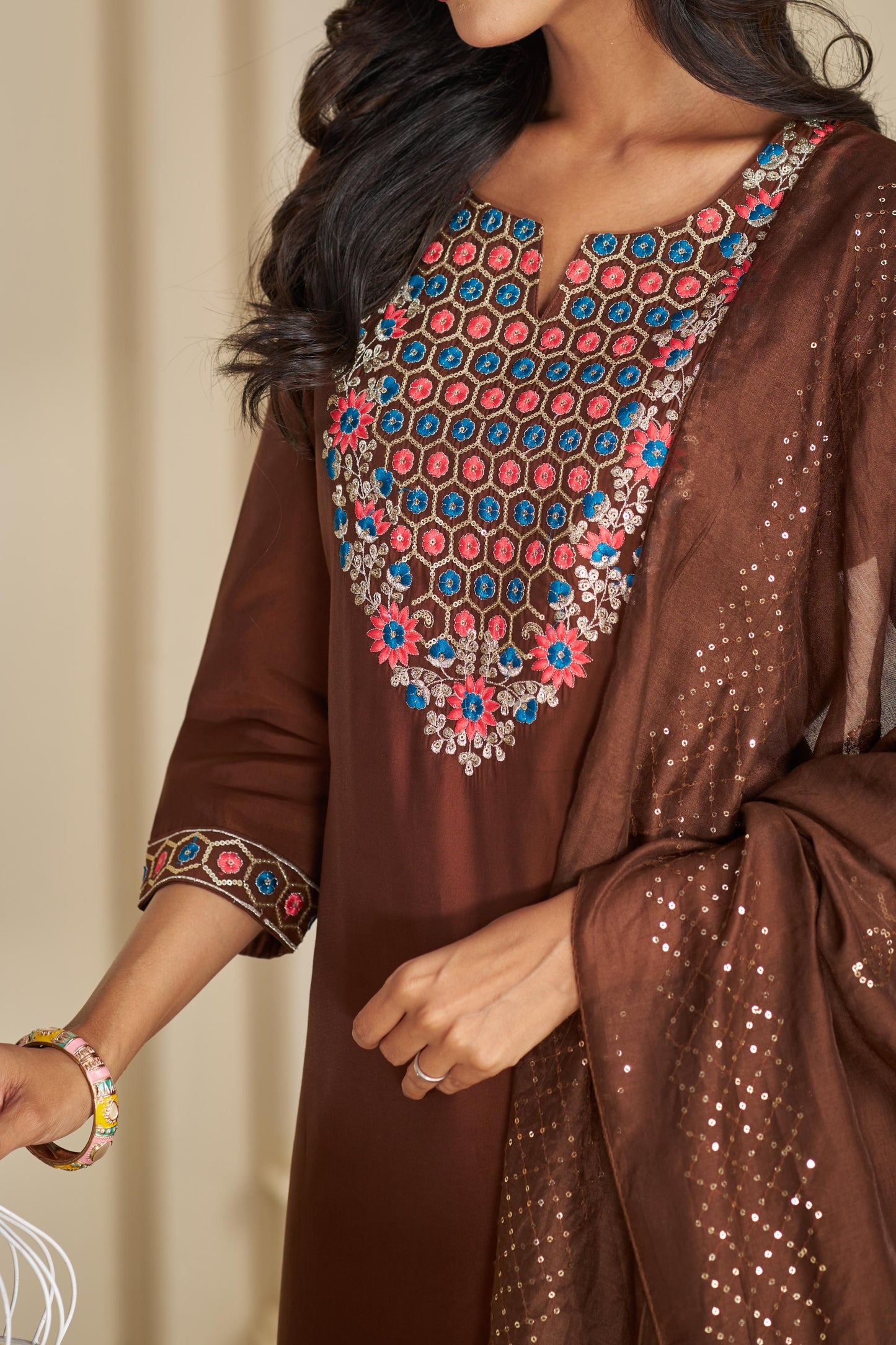 BulBul Samira Brown Embroidered Roman Silk  Salwar Suit