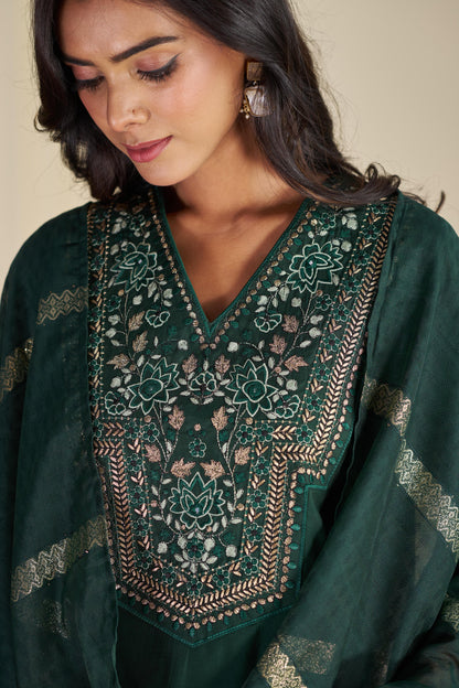 Ruhani Green & Gold Floral Zari Mirror Work Embroidered Yoke Kurta Set with Dupatta in Chanderi Silk with Cotton Mul Lining