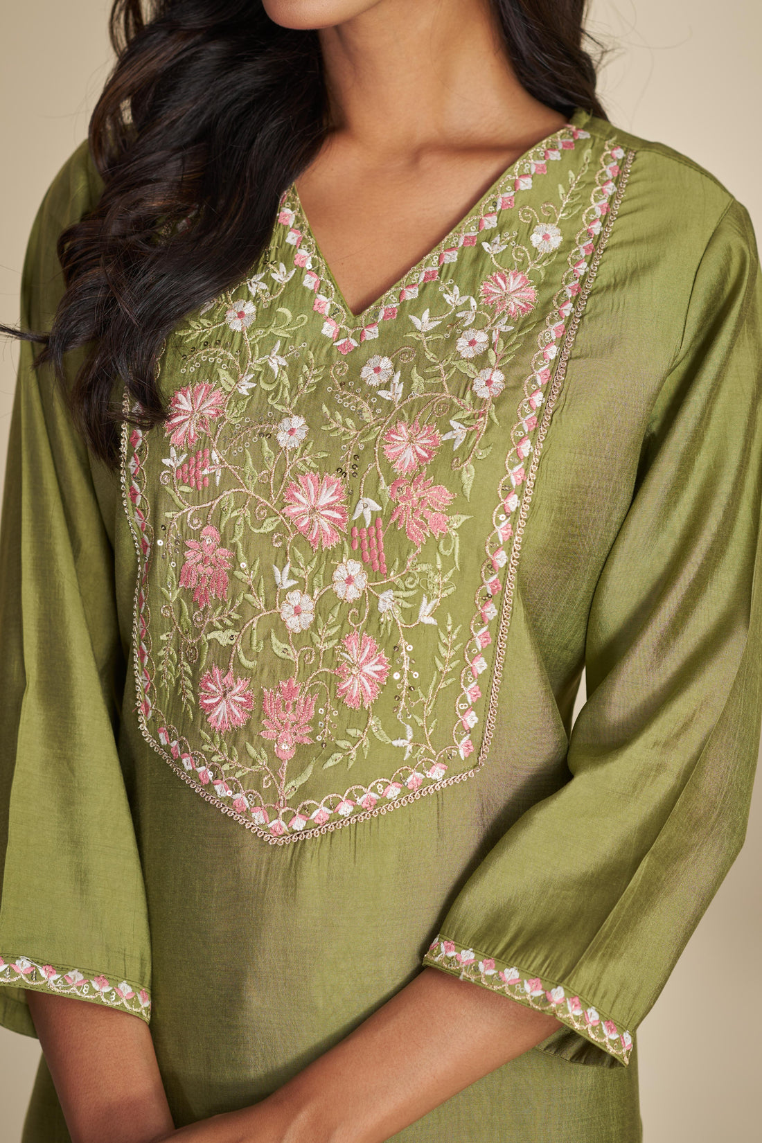 Preksha Olive Green Multi-Color Floral Embroidered Kurta Set with Hand Sequin Work & Sequin Dupatta in Chanderi Silk with Cotton Mul Lining