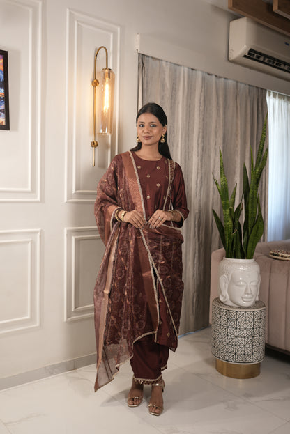 Kayra Maroon Sequins Motif Work A-Line Suit Set with Lace Border Detail in Chinnon Silk with Pure Cotton Mul Lining