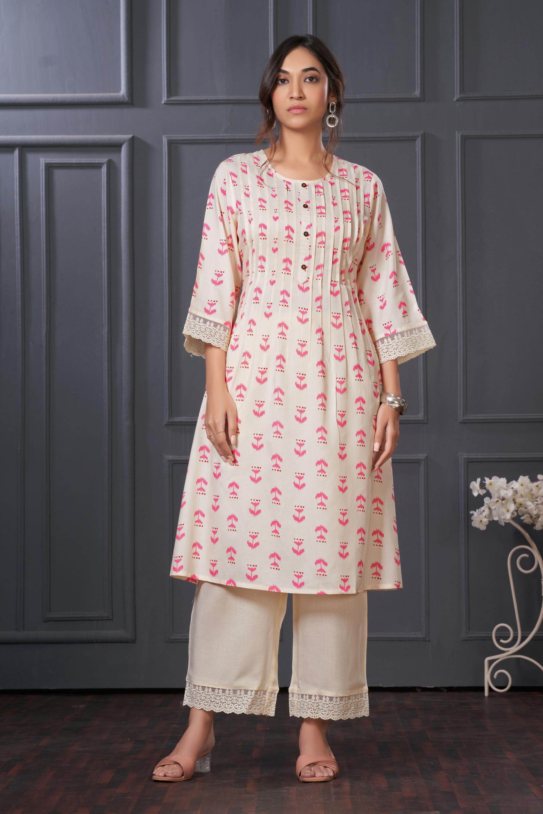 BulBul Lily Pink Abstract Printed Rayon Kurta Set - BulBul