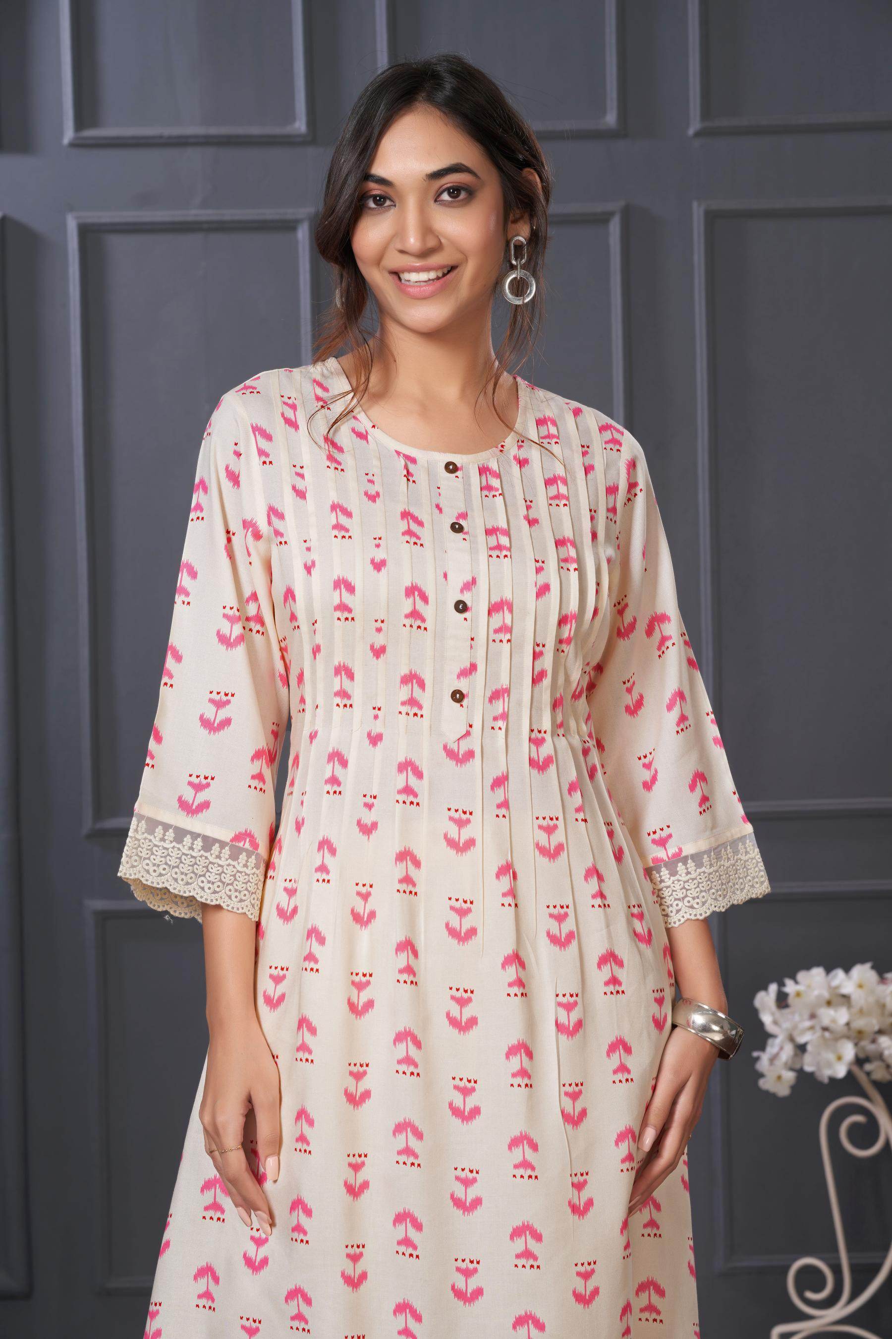 BulBul Lily Pink Abstract Printed Rayon Kurta Set - BulBul