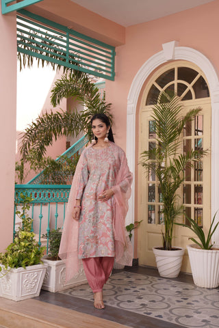 Diya Coral Chanderi Kurta Set with Dupatta - BulBul