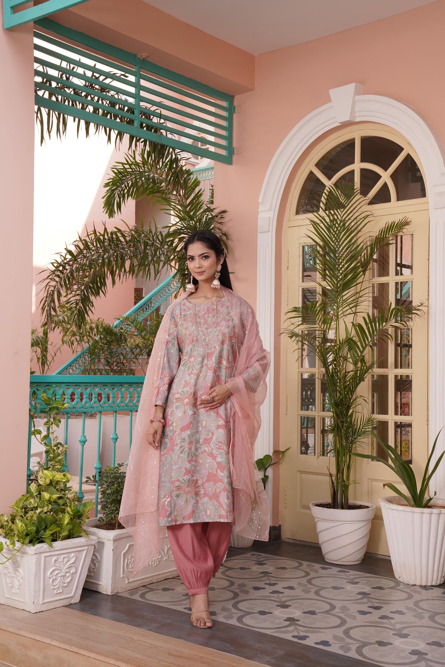 Diya Coral Chanderi Kurta Set with Dupatta