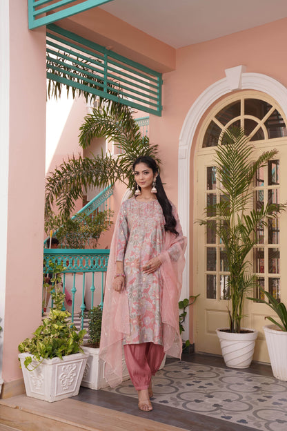 Diya Coral Chanderi Kurta Set with Dupatta - BulBul