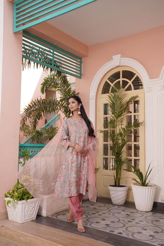 Diya Coral Chanderi Kurta Set with Dupatta - BulBul